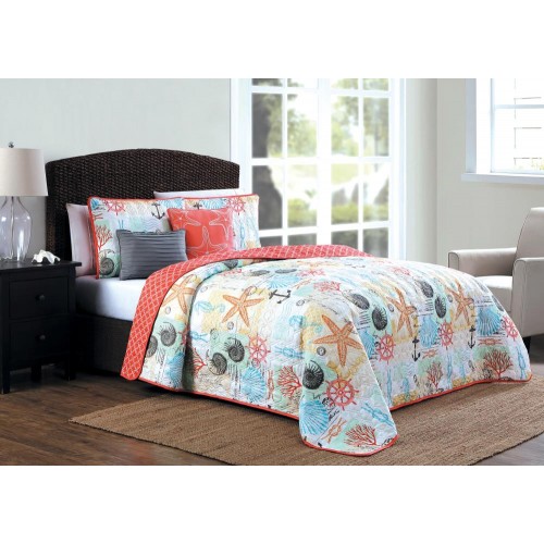 Bedding Sets| Geneva Home Fashion Belize 5-Piece Coral King Quilt Set - DW85631