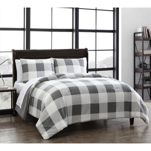 Bedding Sets| Geneva Home Fashion Buffalo Plaid 4-Piece Grey/White Twin Comforter Set - EF46350
