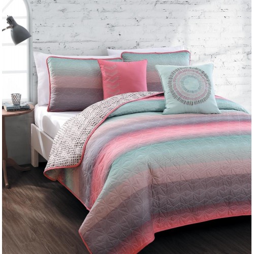 Bedding Sets| Geneva Home Fashion Cypress 4-Piece Coral/Blue Twin Quilt Set - NM45511