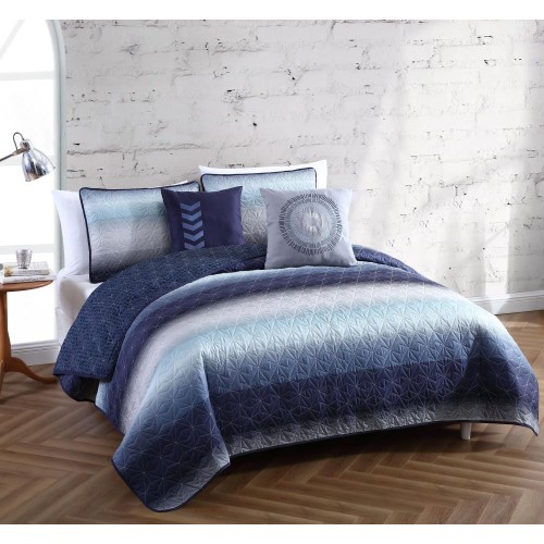 Bedding Sets| Geneva Home Fashion Cypress 5-Piece Navy/Grey Queen Quilt Set - SM30646