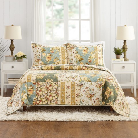 Bedding Sets| Modern Heirloom Floral patch qlt st 3-Piece Ivory King Quilt Set - WX79543