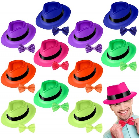 12 Pack Neon Fedora Dress Hats Gangster Plastic Party Hats and 12 Pieces Men Bow Tie Adjustable Length Bow Ties for Kids Adults Party Favors