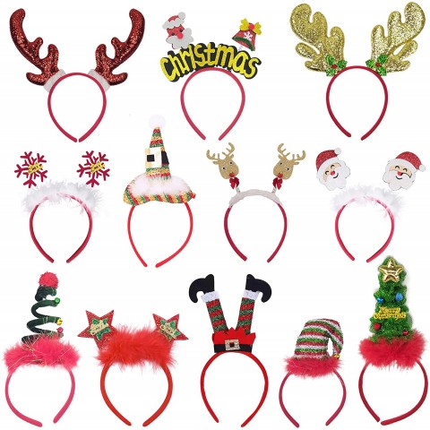 12 Pcs Christmas Headbands Xmas Party Hat for Kids Adults Christmas Elf Reindeer Antlers Headband for Christmas Party Decoration