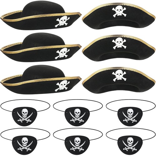 12 Pieces Black Pirate Hats Skull Print Pirate Captain Costume Hat and Felt Pirate Party Eye Patch Accessories for Halloween Party Supplies