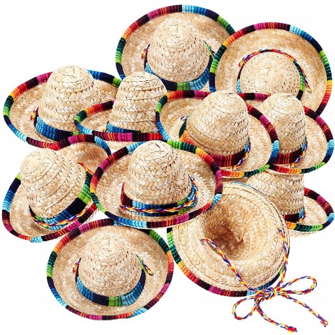 12 Pieces Sombrero Hat Mini Mexican Fiesta Hats Natural Straw Sombrero Headband Hat Cinco de Mayo Hats Fiesta Straw Hats for Carnival Birthday Theme Decoration and Party Supplies