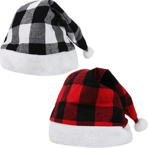 2 Pack Christmas Plaid Santa Hat Plush Christmas Santa Hats Xmas Hat for Christmas Costume Party and Holiday Event