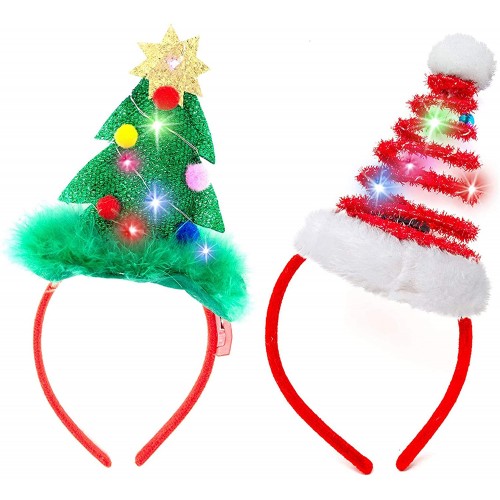 2 Pcs Lighted Christmas Headbands with LED lights in Springy Santa Hat& Christmas Tree Designs for Christmas and Holiday Parties ONE SIZE FIT ALL