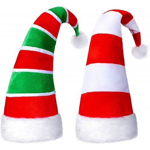 2 Pieces Long Striped Christmas Hats Faux Fur Santa Elf Hat Santa Candy Hat for Christmas Party Costume Accessories Red Green White Red White