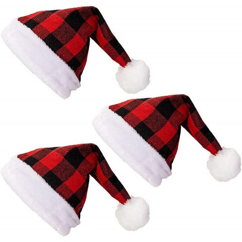 3 Bulk Pack Christmas Santa Hat Red and Black Buffalo Plaid White Cuffs Plush Fabric Xmas Hat for Adults and Kids Perfect Accessory for Family Party Holiday Event