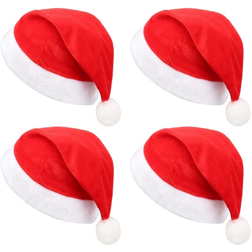 4pcs Santa Hats Red Fluffy Christmas Santa Hat for Adults Men Women with Plush Brim and Comfort Liner for Christmas New Year Party Decorations and Supplies