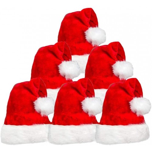 6 Pack Plush Santa Hat Traditional Red and White Plush Christmas Santa Hat for Christmas Party Adult Size