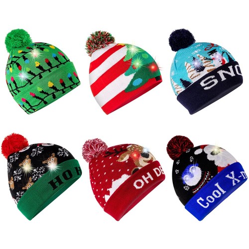 6 Pieces Christmas Light Up Hat LED Christmas Knitted Hat with 6 Colorful Lights Unisex Winter Beanie Knit Cap Lights Flashing Cap for New Year Party