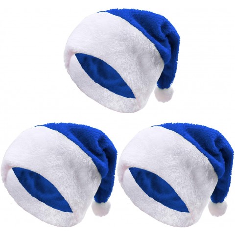 Aneco 3 Pack Christmas Santa Hats Blue Hat Short Plush with White Cuffs Plush Fabric Santa Hat for Christmas Festive Holiday Party Supplies