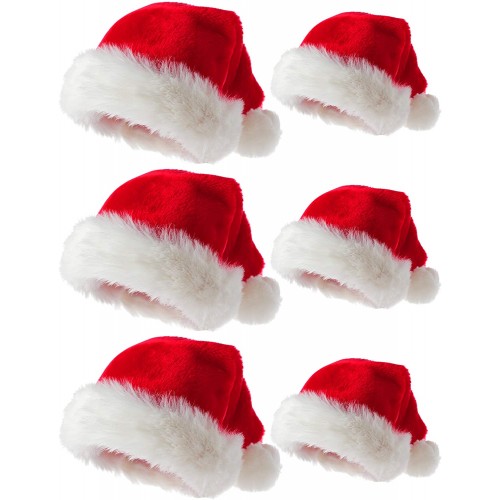Elcoho 6 Pack Santa Hat Plush Santa Hat Unisex Velvet Comfort Christmas Hats Extra Thicken Classic Plush for Christmas New Year Festive Holiday Party Supplies for Adults and Young People