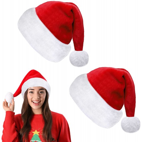 Fovths 2 Pack Christmas Santa Hats Christmas Decorative Plush Hats Adult Size Santa Velvet Hats for Christmas New Year Holiday Party