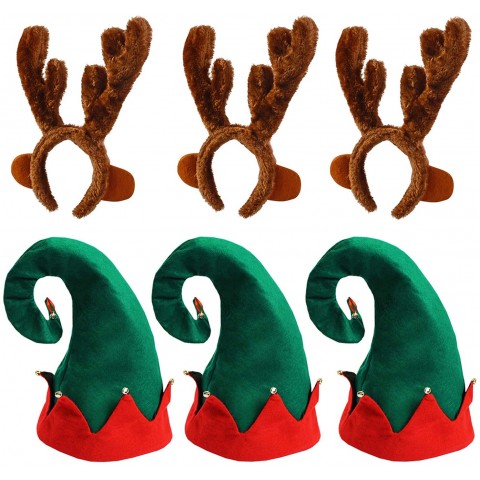 Funny Party Hats- Christmas Hat- Elf Hat with Bells- 6 Pack Christmas Costume Hats- Reindeer Antlers Headband- Holiday Accessories- Felt Christmas Party Hats