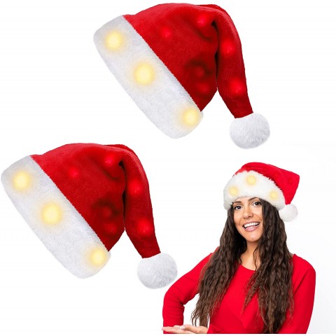 MCEAST 2 Pieces Light up Santa Hat Plush Christmas LED Light-up Hat for Christmas Costume Props Holiday Party Supplies 19 x 13 Inch