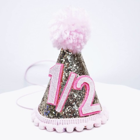 Mini Pale Gold Glitter Cake Smash Birthday Party Cone Hat w Pom Pom Top Baby to Toddler Size Pink Pom Pink #1 2 by Chloe Elizabeth