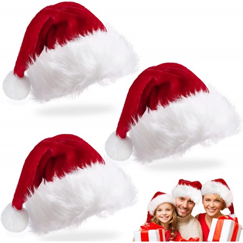 Ruiccsy Santa Hat for Adults 3pcs Christmas Hats Velvet Thicken Santa Claus Hat Christmas Decoration Soft Plush Fun Xmas Holiday Hat Christmas Ornament New Year Festival Party Supplies Red