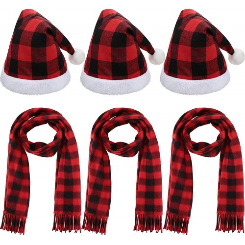 Sintege 3 Pieces Christmas Plaid Santa Hat and 3 Pieces Plaid Scarfs for Christmas New Year Festival Holiday Party