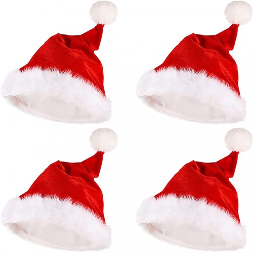 SMDN Santa Hat,Xmas Holiday Hat for Adults 4 Pack Unisex Velvet Comfort Extra Thicken Classic Santa Hat for Christmas New Year Festive Holiday Party Supplies One Size Fits All,16.5in 15.8in