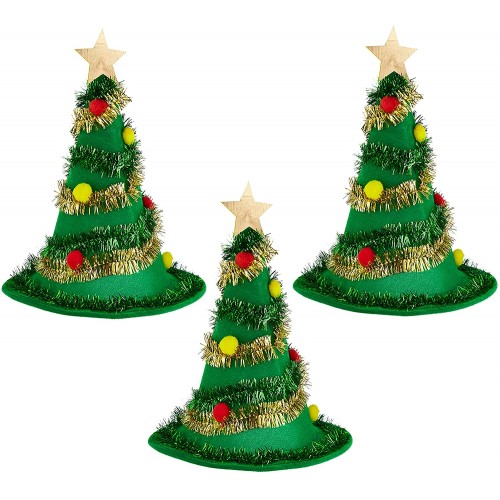 Weihnachtsbaum-Partyhüte 3er-Pack – Einheitsgröße Urlaubszubehör – komplett verziert mit Pompon-Ornamenten grünem & goldenem Lametta und Stern – niedliche Winterferienbekleidung lustige Foto-Requisiten und Partyzubehör