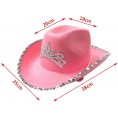 Women Pink Cowboy Hat Western Style Wide Hat with Blinking Tiara Cowgirl Riding Cap Holiday Costume Party Hat
