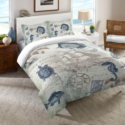 Comforters & Bedspreads| Laural Home Seaside Postcard Multi-colored Multi King Comforter (Cotton with Polyester Fill) - ND12908