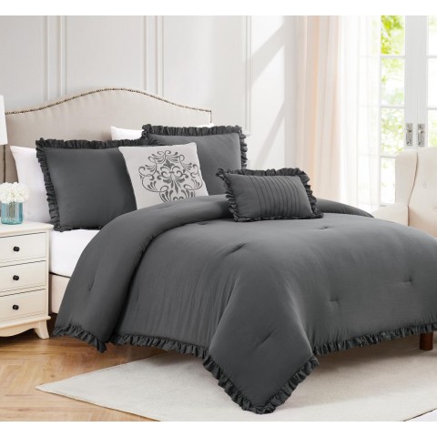 Comforters & Bedspreads| Olivia Gray Portland Ruffled Comforter Set Charcoal Solid Queen Comforter (Microfiber with Polyester Fill) - JD47620