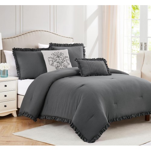Comforters & Bedspreads| Olivia Gray Portland Ruffled Comforter Set Charcoal Solid Queen Comforter (Microfiber with Polyester Fill) - JD47620