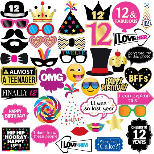 12th Birthday Photo Booth Party Props 40 Pieces Funny Kids Birthday Party Supplies Decorations and Favors