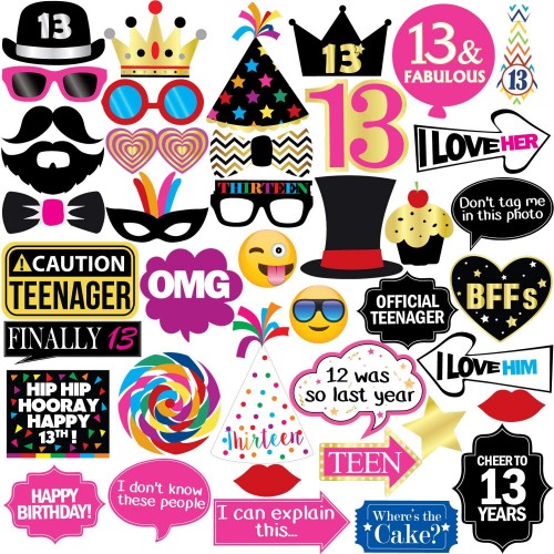 13th Birthday Photo Booth Party Props 40 Pieces Funny Official Teenager Birthday Party Supplies Decorations and Favors