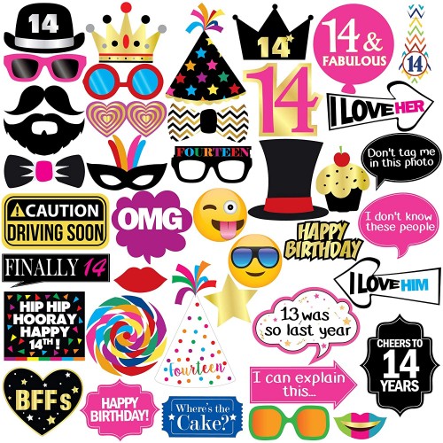 14th Birthday Photo Booth Party Props 40 Pieces Funny Kids Birthday Party Supplies Decorations and Favors