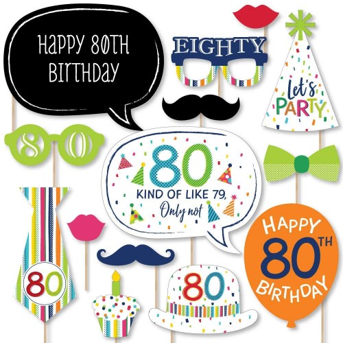 Big Dot of Happiness 80th Birthday Cheerful Happy Birthday Colorful Eightieth Birthday Party Photo Booth Props Kit 20 Count