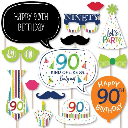 Big Dot of Happiness 90th Birthday Cheerful Happy Birthday Colorful Ninetieth Birthday Party Photo Booth Props Kit 20 Count