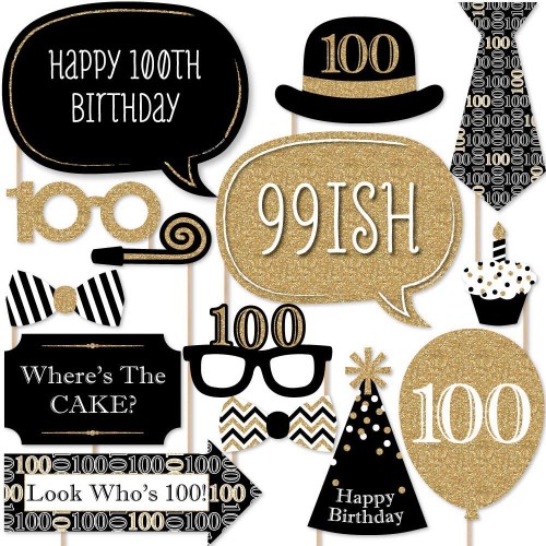 Big Dot of Happiness Adult 100th Birthday Gold Birthday Party Photo Booth Props Kit 20 Count