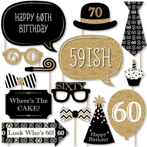 Big Dot of Happiness Adult 60th Birthday Gold Birthday Party Photo Booth Props Kit 20 Count