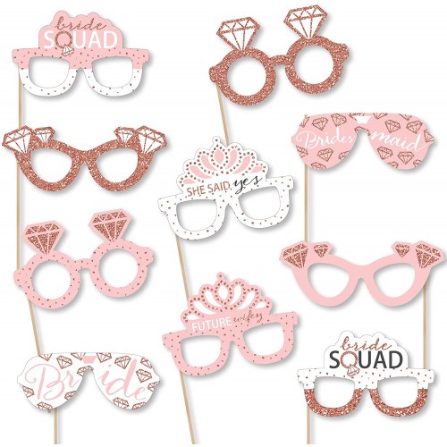 Big Dot of Happiness Bride Squad Glasses Paper Card Stock Rose Gold Bridal Shower or Bachelorette Party Photo Booth Props Kit 10 Count