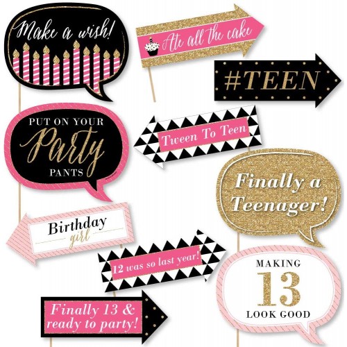 Big Dot of Happiness Funny Chic 13th Birthday Pink Black and Gold - Birthday Party Photo Booth Props Kit 10 Piece