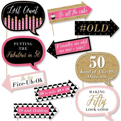 Big Dot of Happiness Funny Chic 50th Birthday Pink Black and Gold - Birthday Party Photo Booth Props Kit 10 Piece