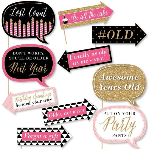 Big Dot of Happiness Funny Chic Happy Birthday Pink Black and Gold - Birthday Party Photo Booth Props Kit 10 Piece