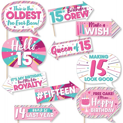 Big Dot of Happiness Funny Girl 15th Birthday Teen Birthday Party Photo Booth Props Kit 10 Piece