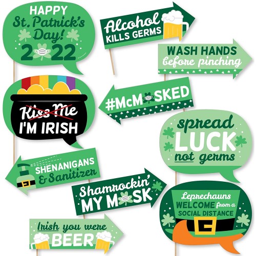 Big Dot of Happiness Funny Quarantine St. Patrick’s Day 2022 Saint Patty’s Party Photo Booth Props Kit 10 Piece