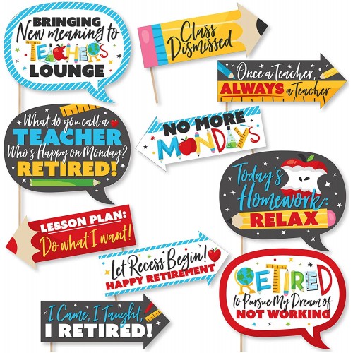 Big Dot of Happiness Funny Teacher Retirement Happy Retirement Party Photo Booth Props Kit 10 Piece