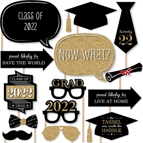 Big Dot of Happiness Graduation Party Gold 2022 Grad Photo Booth Props Kit 20 Count