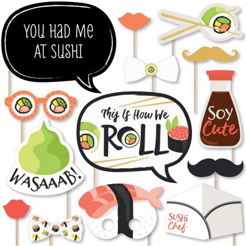 Big Dot of Happiness Let's Roll Sushi Japanese Party Photo Booth Props Kit 20 Count
