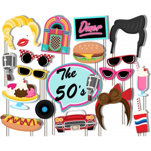 Birthday Galore 50's Diner Photo Booth Props Kit 20 Pack Party Camera Props Fully Assembled