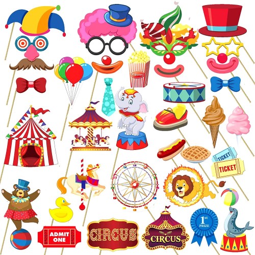 CPTBAG Carnival Circus Photo Booth Props Circus Carnival Party Selfie Props for Funny Circus Animals Birthday Baby Shower Party Supplies Backdrop 37pcs