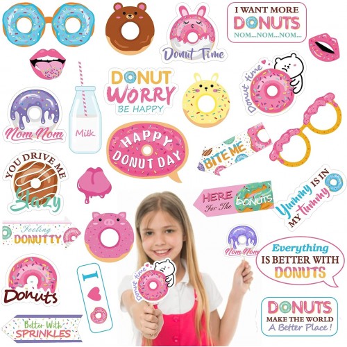 Donut Photo Booth Props-25Pcs Doughnut Party Photo Booth Props Kit for Donut Time Birthday Party Supplies,Doughnut Sprinkle Theme Selfie Props Photography Backdrop Decorations