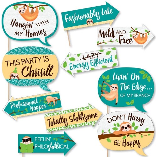 Funny Let's Hang Sloth Baby Shower or Birthday Party Photo Booth Props Kit 10 Piece